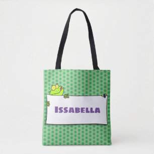 Cute green frog sign cartoon illustration tote bag