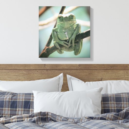 Cute Green Frog Zitting on a Branch Canvas Afdruk (Insitu (Slaapkamer))