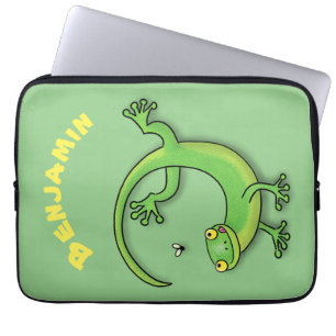 Cute green gecko lizard cartoon laptop sleeve