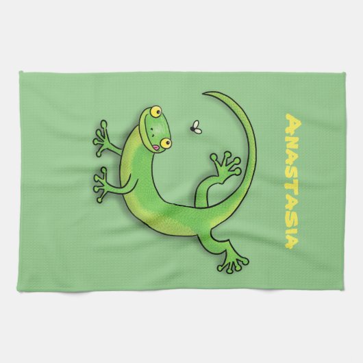 Cute green gecko lizard cartoon theedoek (Horizontaal)