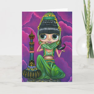 Cute Green Genie Girl Big Eyes Doll Magic Bottle Kaart