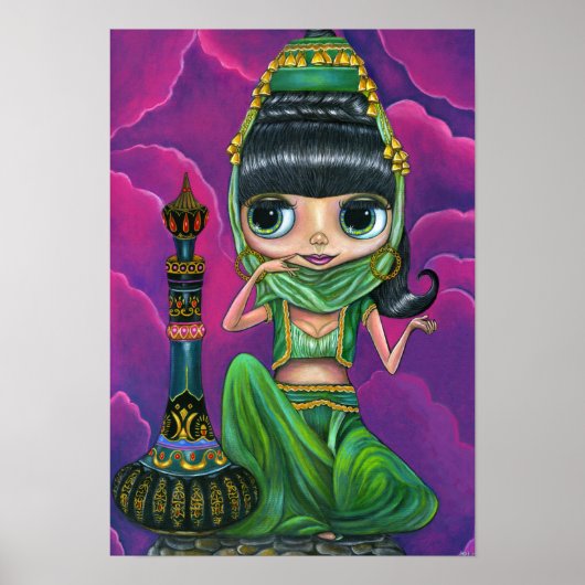 Cute Green Genie Girl Big Eyes Doll Magic Bottle Poster (Voorkant)
