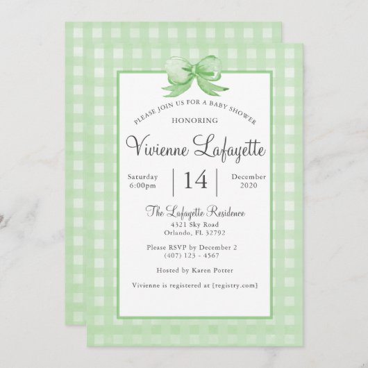Cute Green Gingham met Bow Baby shower Kaart (Voorkant / Achterkant)