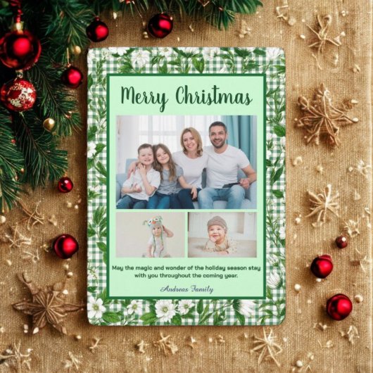 Cute Green Gingham Plaid 3 Photo Christmas  Feestdagenkaart