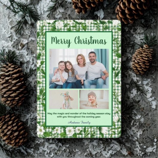 Cute Green Gingham Plaid 3 Photo Christmas  Feestdagenkaart