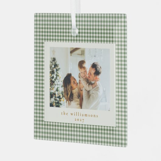 Cute Green Gingham Pset Aangepaste kerstfoto Glas Ornament (Voorkant links)