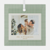 Cute Green Gingham Pset Aangepaste kerstfoto Glas Ornament (Voorkant)