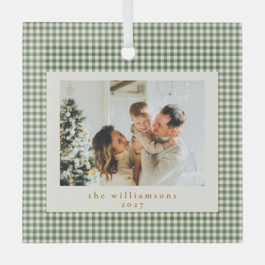 Cute Green Gingham Pset Aangepaste kerstfoto Glas Ornament (Voorkant)