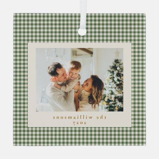 Cute Green Gingham Pset Aangepaste kerstfoto Glas Ornament (Achterkant)
