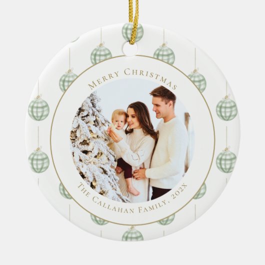Cute Green Gingham Pset Aangepaste kerstfoto Keramisch Ornament (Voorkant)