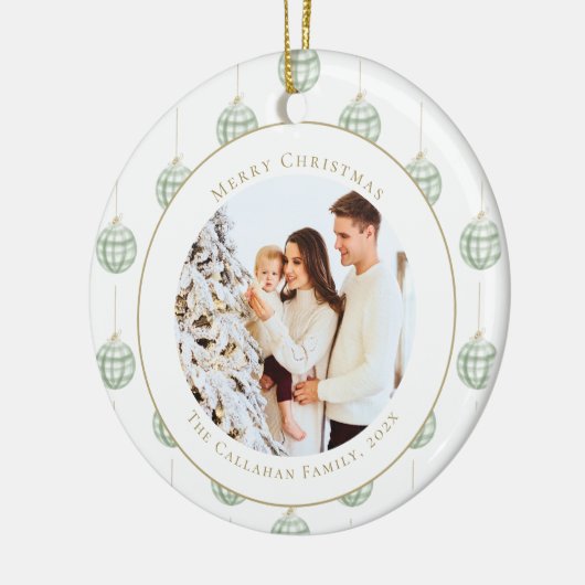 Cute Green Gingham Pset Aangepaste kerstfoto Keramisch Ornament (Links)