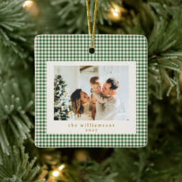Cute Green Gingham Pset Aangepaste kerstfoto Keramisch Ornament
