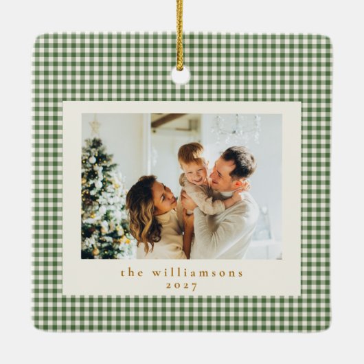 Cute Green Gingham Pset Aangepaste kerstfoto Keramisch Ornament (Achterkant)