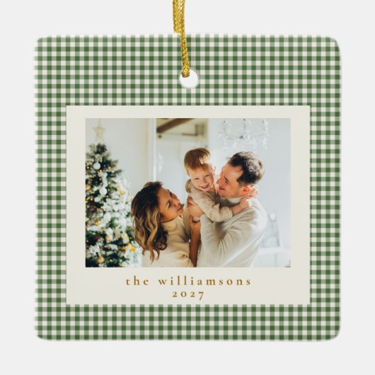 Cute Green Gingham Pset Aangepaste kerstfoto Keramisch Ornament (Voorkant)