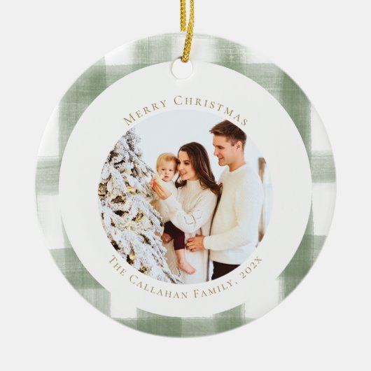 Cute Green Gingham Pset Aangepaste kerstfoto Keramisch Ornament (Voorkant)