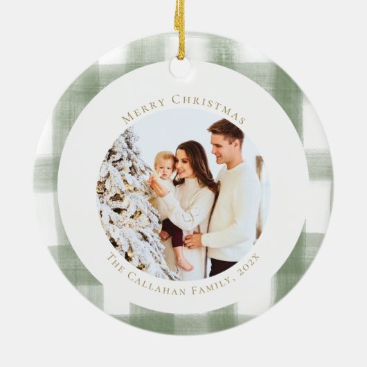 Cute Green Gingham Pset Aangepaste kerstfoto Keramisch Ornament (Achterkant)