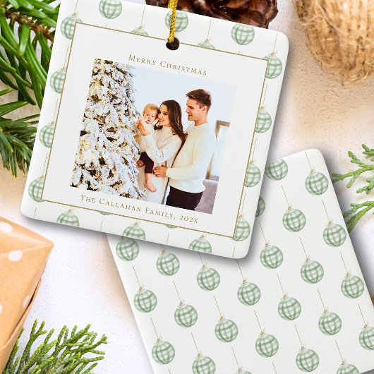 Cute Green Gingham Pset Aangepaste kerstfoto Keramisch Ornament