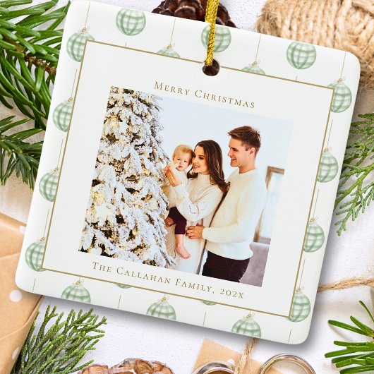 Cute Green Gingham Pset Aangepaste kerstfoto Keramisch Ornament