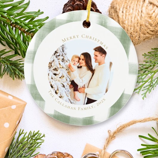 Cute Green Gingham Pset Aangepaste kerstfoto Keramisch Ornament
