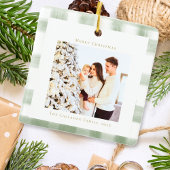 Cute Green Gingham Pset Aangepaste kerstfoto Keramisch Ornament