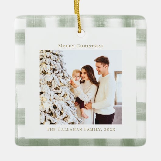 Cute Green Gingham Pset Aangepaste kerstfoto Keramisch Ornament (Voorkant)