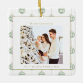 Cute Green Gingham Pset Aangepaste kerstfoto Keramisch Ornament (Voorkant)