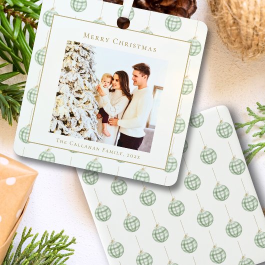 Cute Green Gingham Pset Aangepaste kerstfoto Metalen Ornament