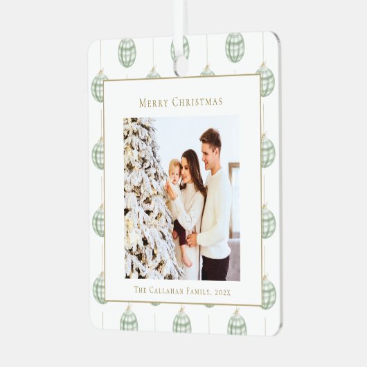 Cute Green Gingham Pset Aangepaste kerstfoto Metalen Ornament (Voorkant links)