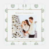 Cute Green Gingham Pset Aangepaste kerstfoto Metalen Ornament (Voorkant)