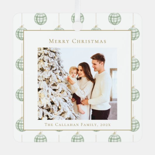 Cute Green Gingham Pset Aangepaste kerstfoto Metalen Ornament (Voorkant)