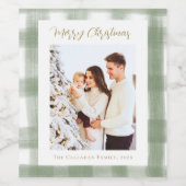 Cute Green Gingham Pset Aangepaste kerstfoto Wijn Etiket (Enkel label)