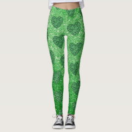Cute Green Glitter St Patricks Day Shamrock Hearts Leggings
