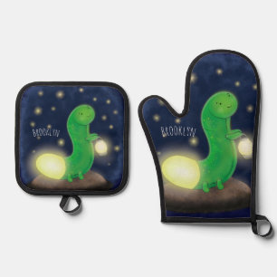 Cute green glow-cartoon illustratie ovenwant & pannenlap set