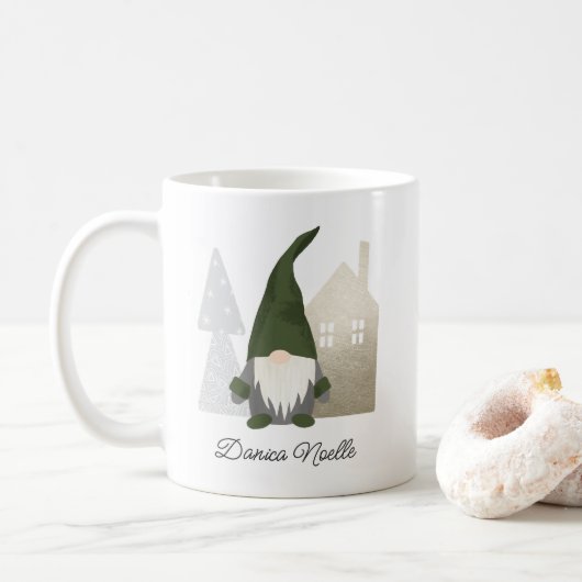 Cute Green Gnome and House | Naam Kerstmis Koffiemok (Met donut)