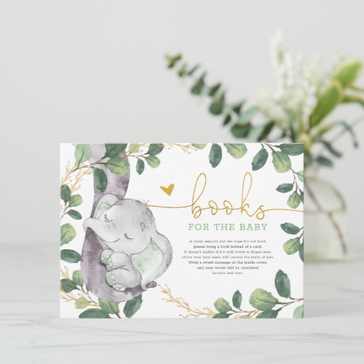 Cute Green Gold Greenery Elephant Books for Baby Informatiekaartje (Staand voorkant)