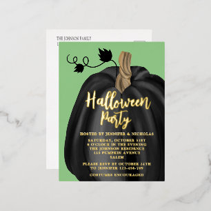 Cute Green Gold Pumpkin Halloween Party Folie Uitnodiging Briefkaart