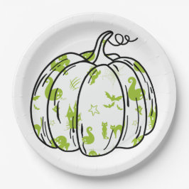 Cute Green Halloween Icons in Pumpkin Papieren Bordje