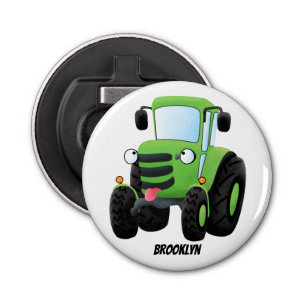 Cute green happy boerderij tractor cartoon illustr button flesopener