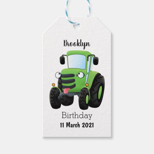 Cute green happy boerderij tractor cartoon illustr cadeaulabel (Voorkant)