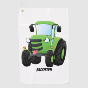 Cute green happy boerderij tractor cartoon illustr golfhanddoek