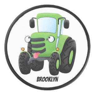Cute green happy boerderij tractor cartoon illustr hockey puck