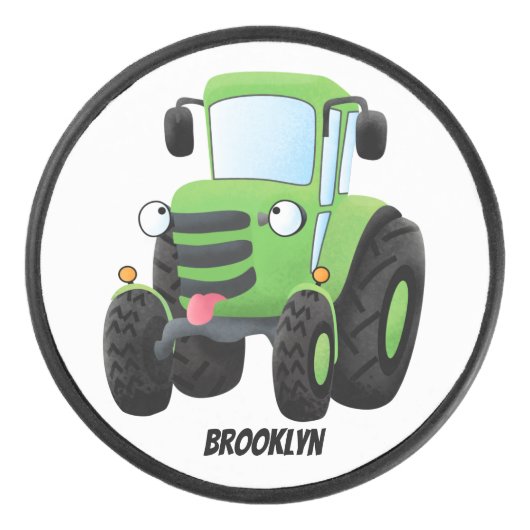 Cute green happy boerderij tractor cartoon illustr hockey puck (Voorkant)