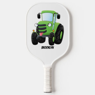 Cute green happy boerderij tractor cartoon illustr pickleball paddle