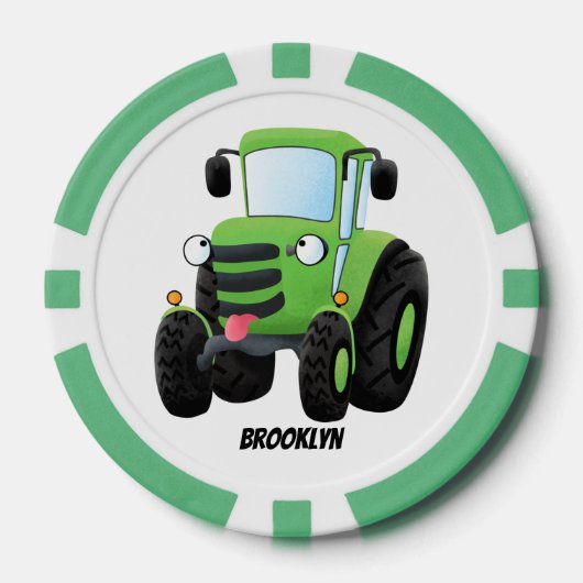 Cute green happy boerderij tractor cartoon illustr poker chips (Voorkant)