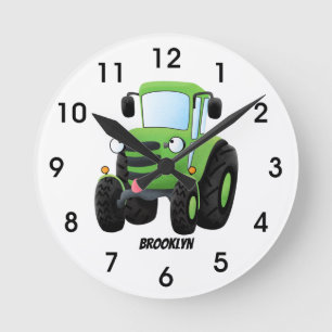 Cute green happy boerderij tractor cartoon illustr ronde klok