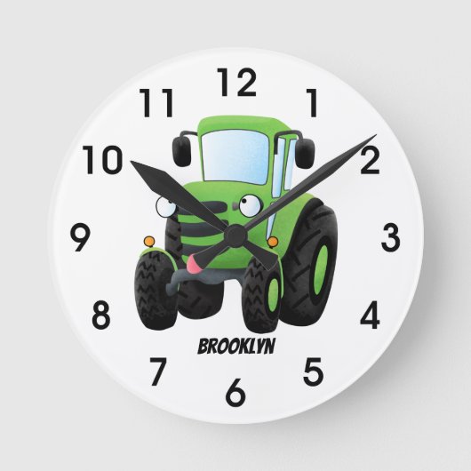 Cute green happy boerderij tractor cartoon illustr ronde klok (Voorkant)