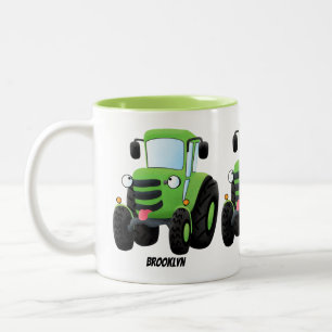 Cute green happy boerderij tractor cartoon illustr tweekleurige koffiemok