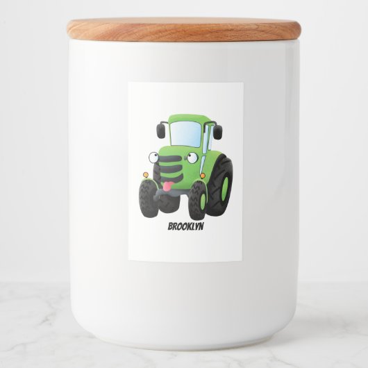 Cute green happy boerderij tractor cartoon illustr voedselcontainer etiket (Voorkant)