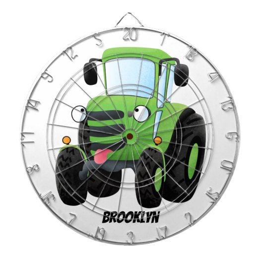 Cute green happy farm tractor cartoon illustration dartbord (Voorkant)