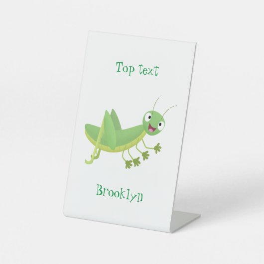 Cute green happy grasshopper cartoon reclamebord met voetstuk (Voorkant)